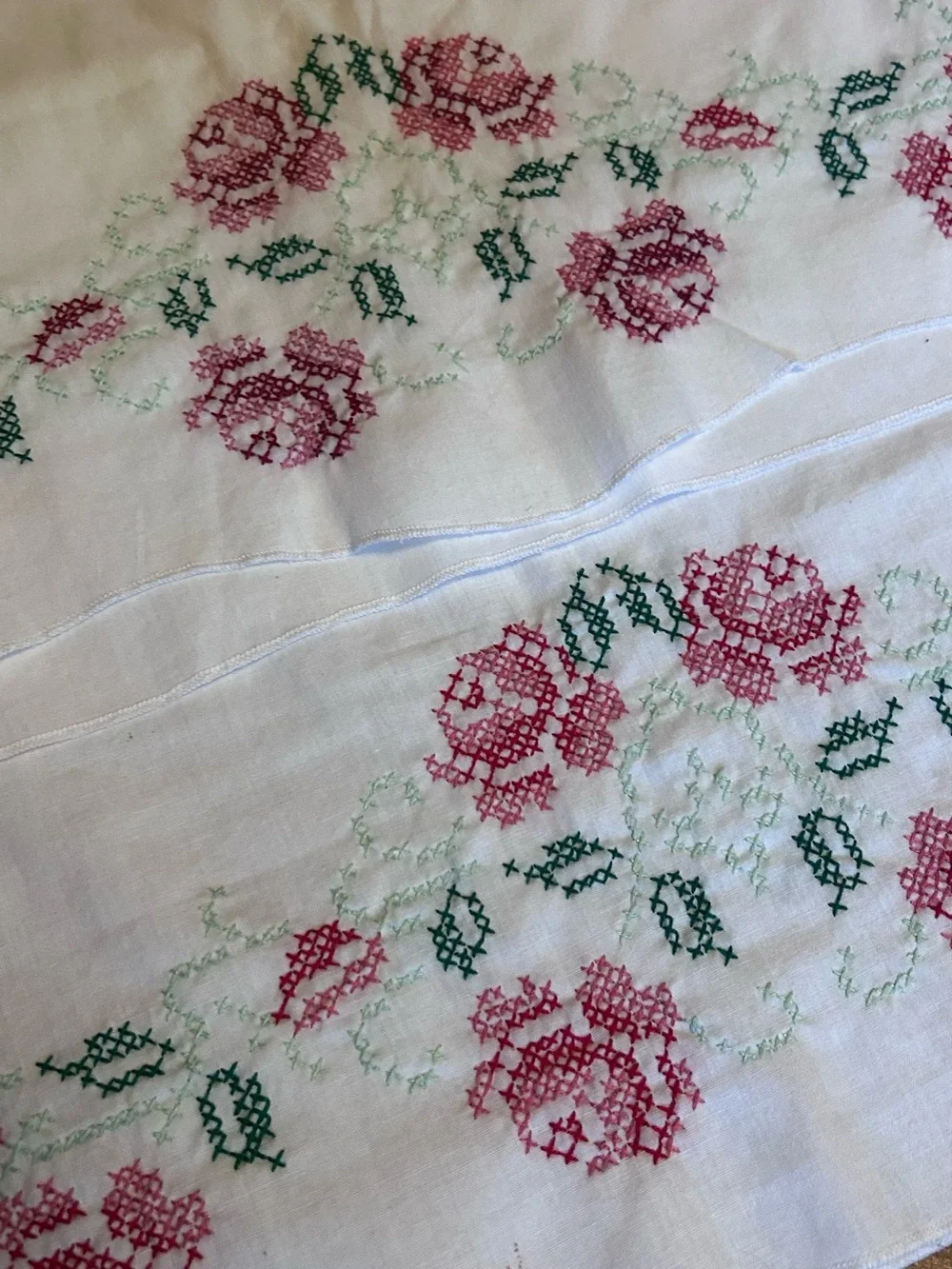 Vintage White Pillowcases with Pink Rose Embroidery